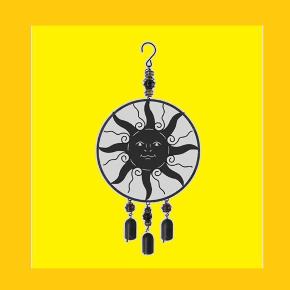 Celestial Sun Wind Chime Black Sheet Metal 8" wide with Three Camel Bells 79467
